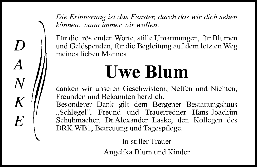  Traueranzeige für Uwe Blum vom 11.03.2023 aus Ostsee-Zeitung GmbH