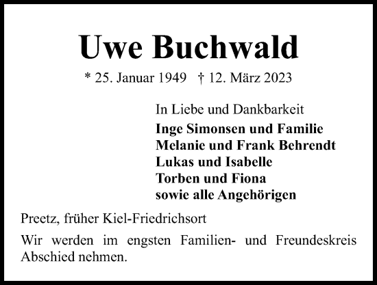 Traueranzeige von Uwe Buchwald von Kieler Nachrichten