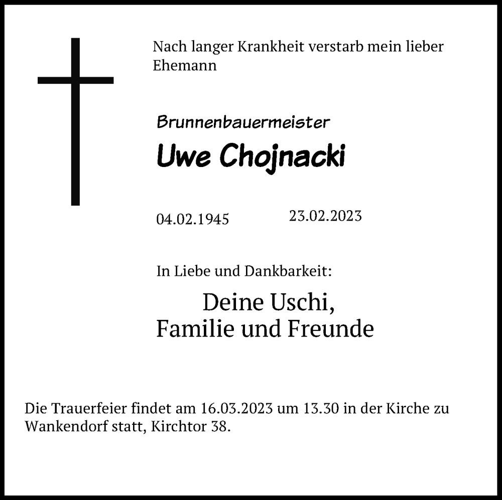  Traueranzeige für Uwe Chojnacki vom 11.03.2023 aus Kieler Nachrichten