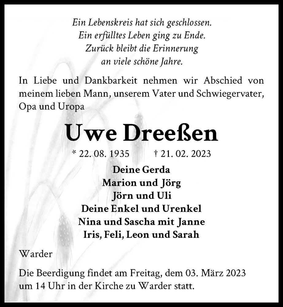  Traueranzeige für Uwe Dreeßen vom 01.03.2023 aus Kieler Nachrichten