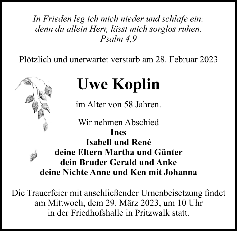  Traueranzeige für Uwe Koplin vom 04.03.2023 aus Märkischen Allgemeine Zeitung