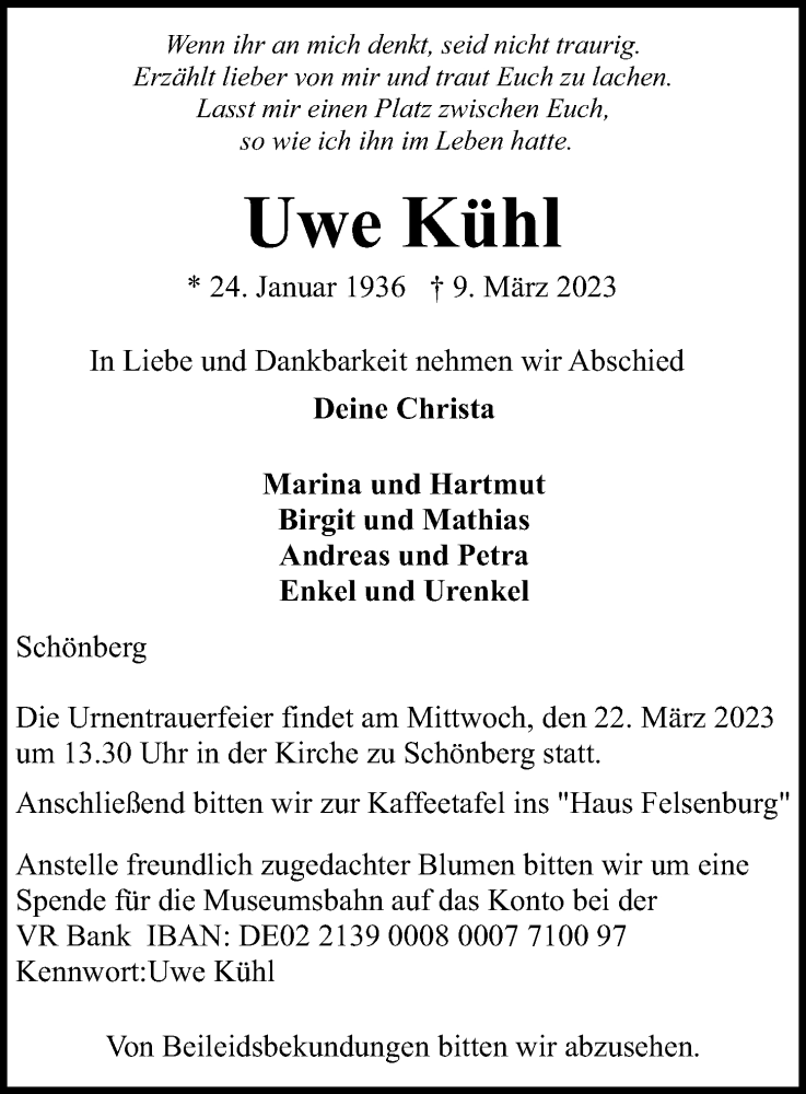  Traueranzeige für Uwe Kühl vom 18.03.2023 aus Kieler Nachrichten