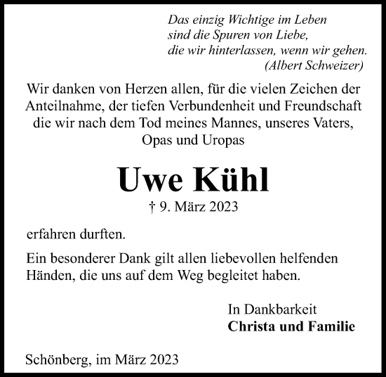 Traueranzeige von Uwe Kühl von Kieler Nachrichten