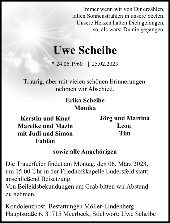 Traueranzeige von Uwe Scheibe von Schaumburger Nachrichten