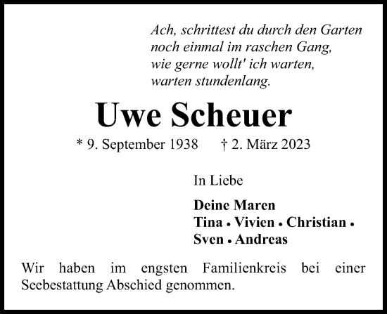 Traueranzeige von Uwe Scheuer von Kieler Nachrichten