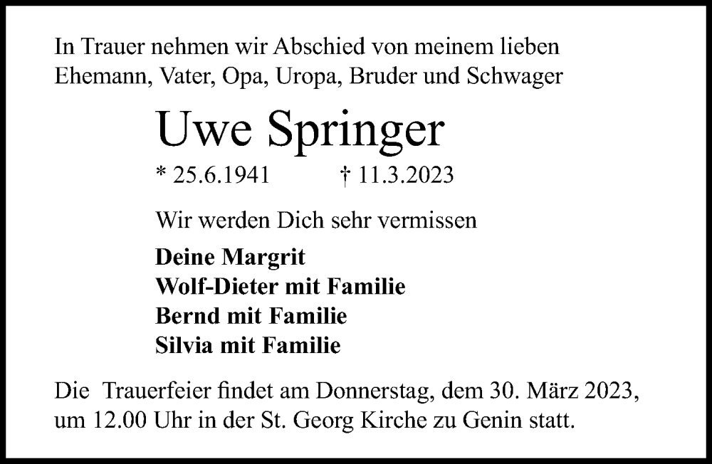  Traueranzeige für Uwe Springer vom 26.03.2023 aus Lübecker Nachrichten
