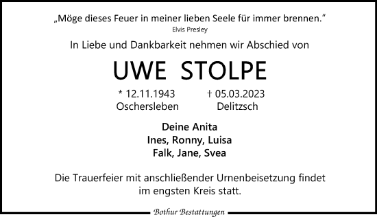 Traueranzeige von Uwe Stolpe von Leipziger Volkszeitung