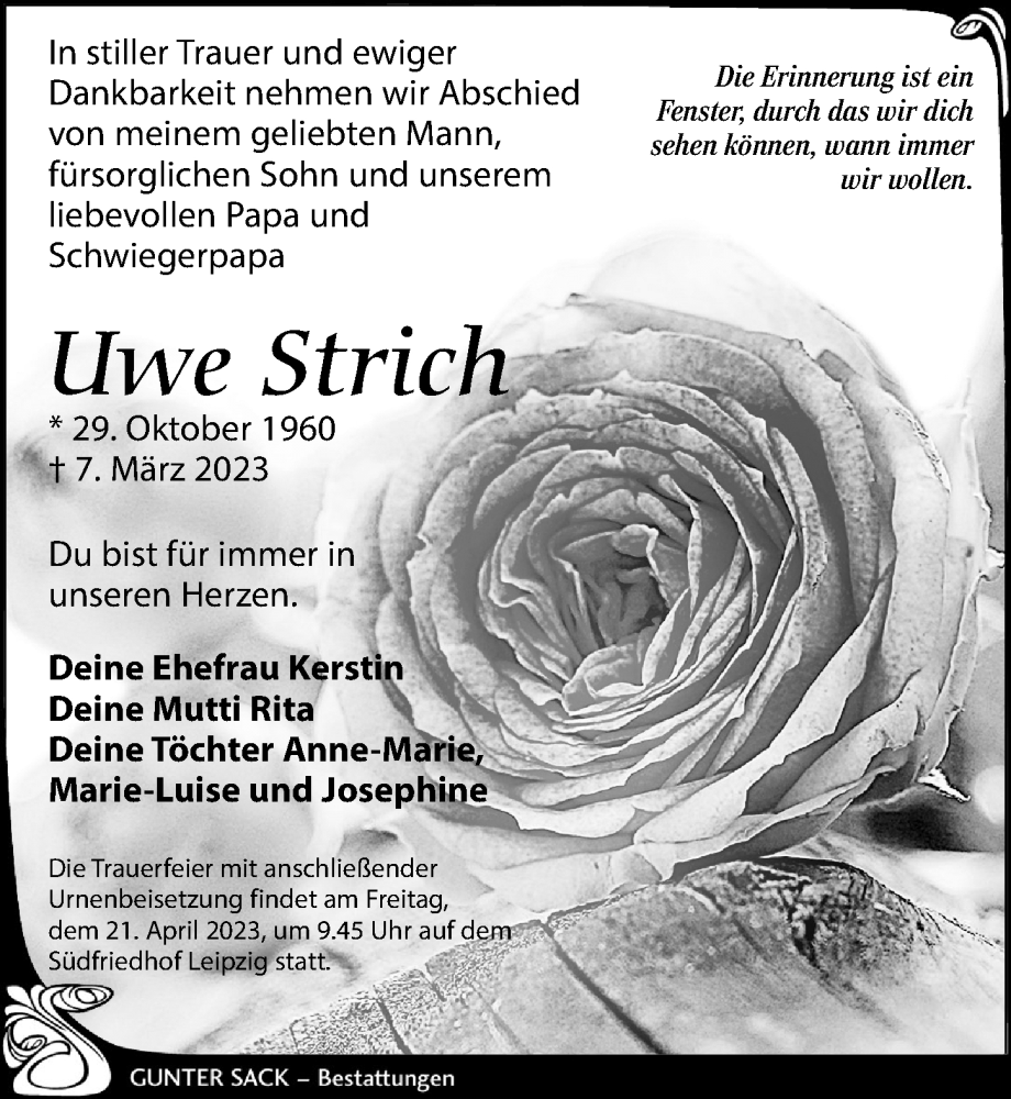  Traueranzeige für Uwe Strich vom 18.03.2023 aus Leipziger Volkszeitung