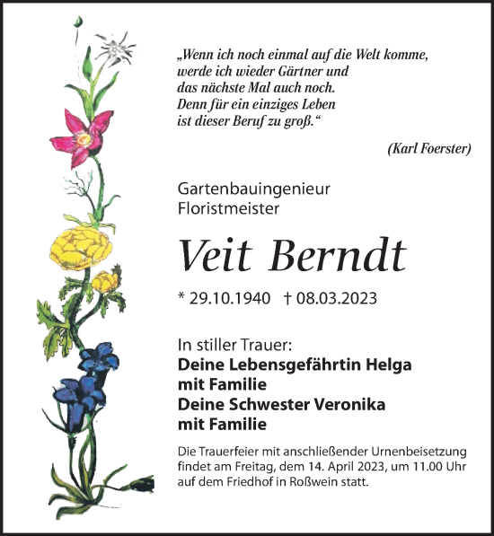 Traueranzeige von Veit Berndt von Leipziger Volkszeitung