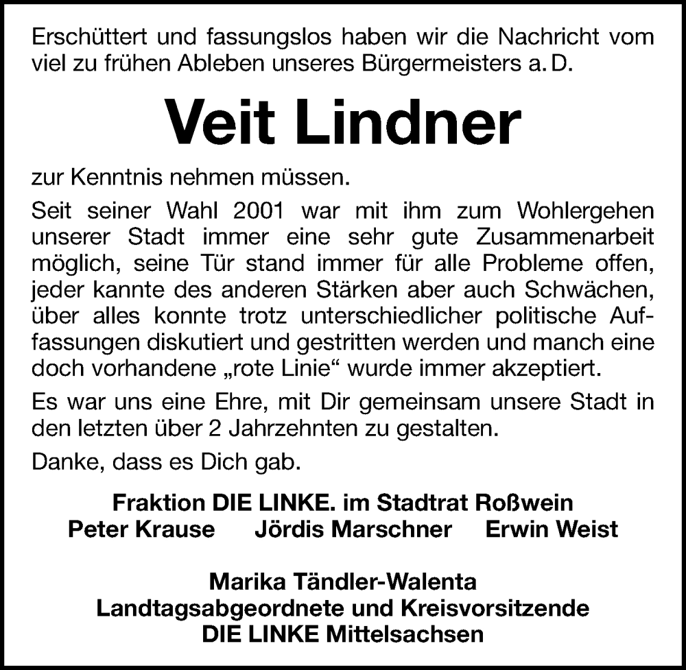  Traueranzeige für Veit Lindner vom 18.03.2023 aus Leipziger Volkszeitung