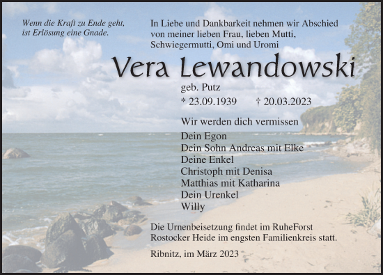 Traueranzeige von Vera Lewandowski von Ostsee-Zeitung GmbH