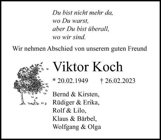 Traueranzeige von Viktor Koch von Lübecker Nachrichten