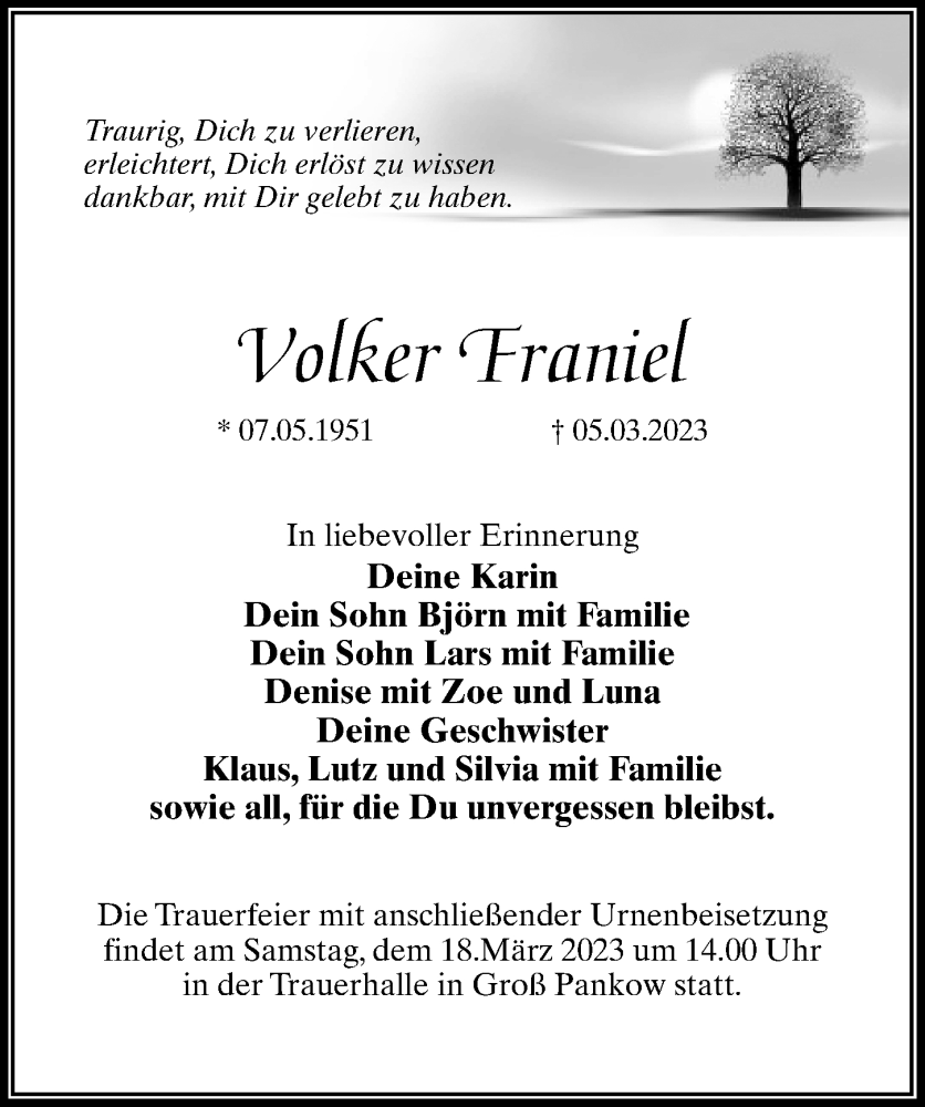  Traueranzeige für Volker Franiel vom 11.03.2023 aus Märkischen Allgemeine Zeitung