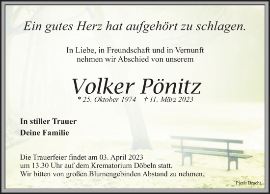 Traueranzeige von Volker Pönitz von Leipziger Volkszeitung