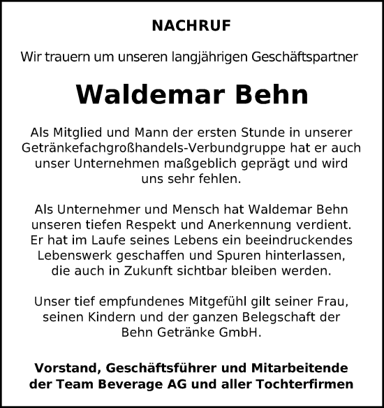 Traueranzeige von Waldemar Behn von Kieler Nachrichten