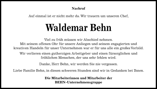 Traueranzeige von Waldemar Behn von Kieler Nachrichten