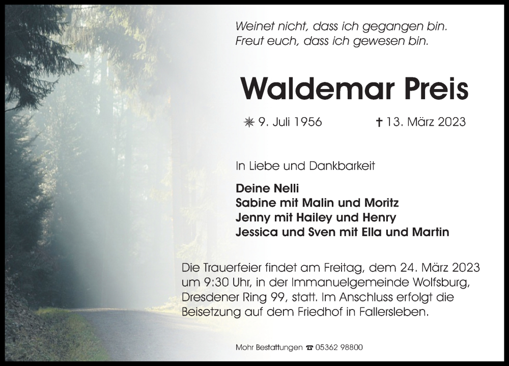  Traueranzeige für Waldemar Preis vom 18.03.2023 aus Aller Zeitung