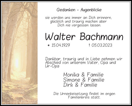 Traueranzeige von Walter Bachmann von Leipziger Volkszeitung