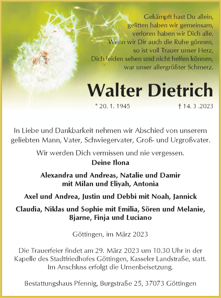  Traueranzeige für Walter Dietrich vom 25.03.2023 aus Göttinger Tageblatt