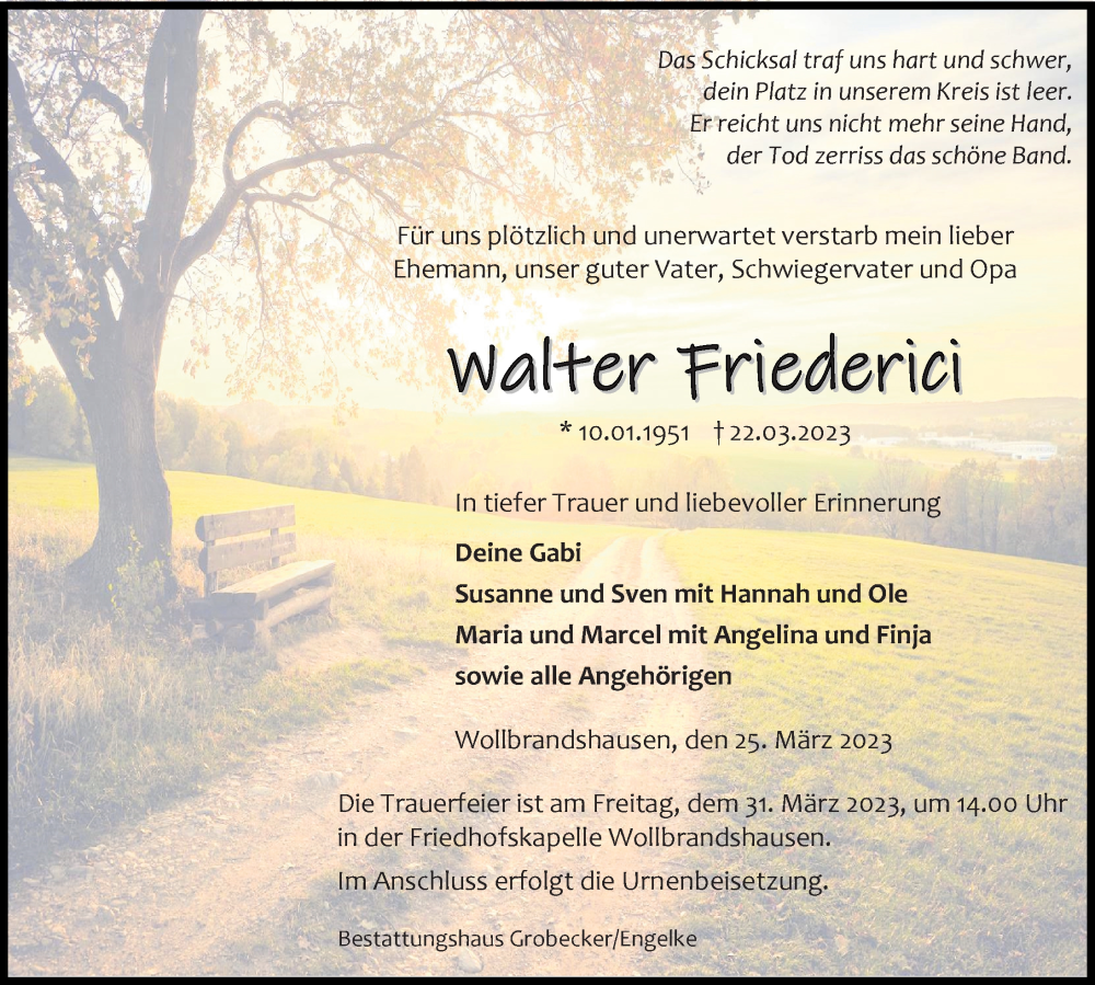  Traueranzeige für Walter Friederici vom 25.03.2023 aus Eichsfelder Tageblatt