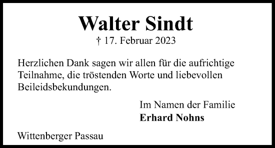 Traueranzeige von Walter Sindt von Kieler Nachrichten