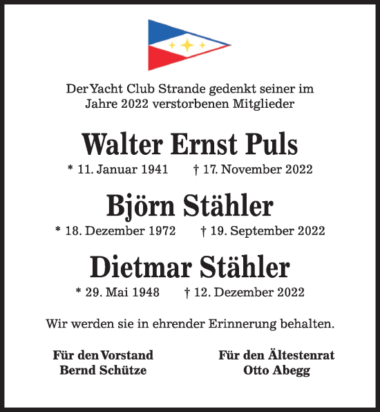Traueranzeige von Walter Ernst Puls von Kieler Nachrichten