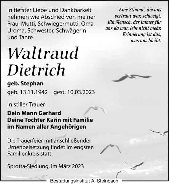 Traueranzeige von Waltraud Dietrich von Leipziger Volkszeitung