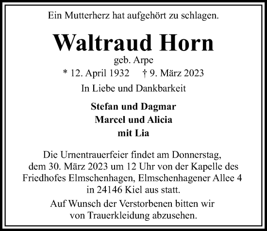 Traueranzeige von Waltraud Horn von Kieler Nachrichten