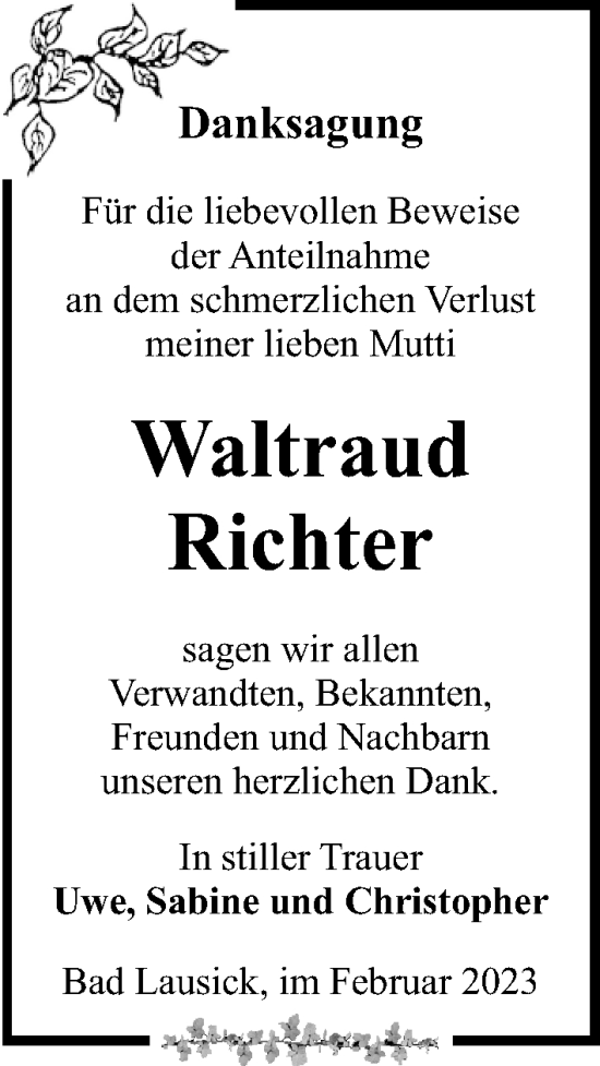 Traueranzeige von Waltraud Richter von Leipziger Volkszeitung