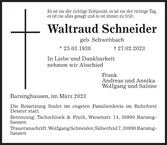 Traueranzeige von Waltraud Schneider von Hannoversche Allgemeine Zeitung/Neue Presse
