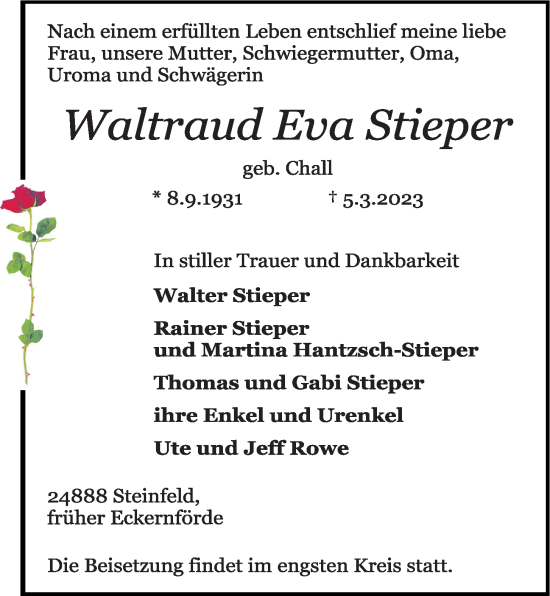 Traueranzeige von Waltraud Eva Stieper von Kieler Nachrichten