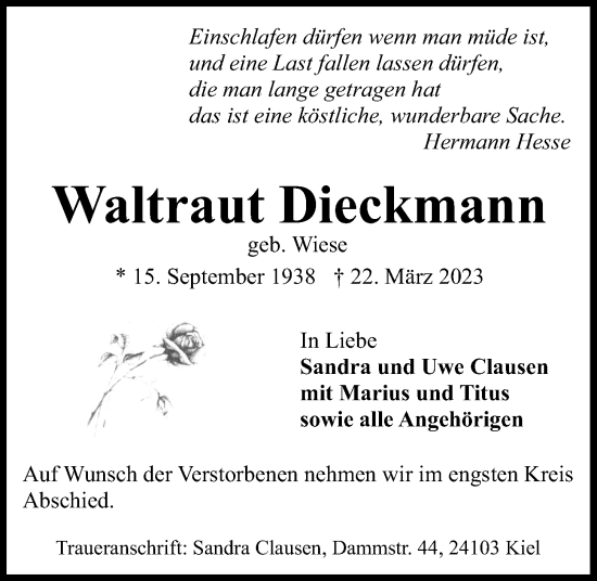 Traueranzeige von Waltraut Dieckmann von Kieler Nachrichten