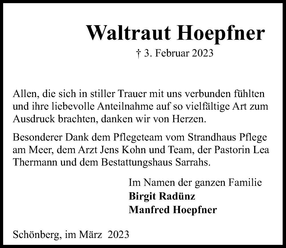  Traueranzeige für Waltraut Hoepfner vom 04.03.2023 aus Kieler Nachrichten