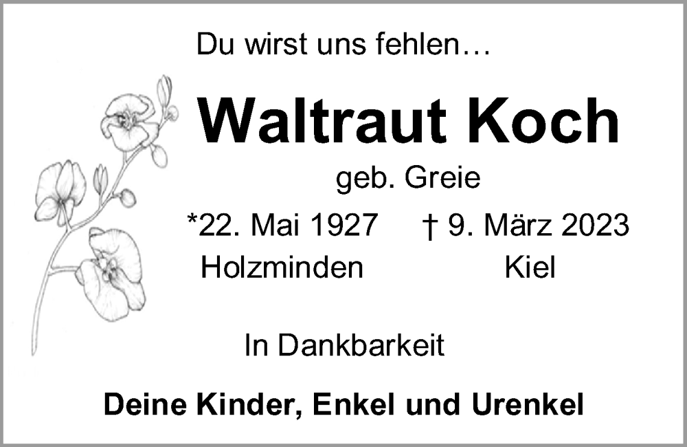  Traueranzeige für Waltraut Koch vom 18.03.2023 aus Kieler Nachrichten