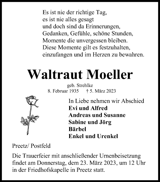 Traueranzeige von Waltraut Moeller von Kieler Nachrichten