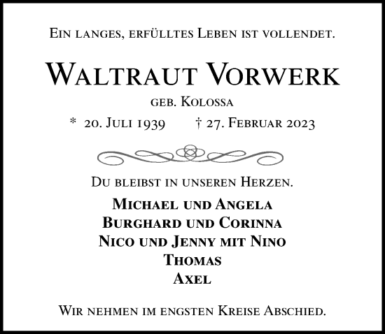 Traueranzeige von Waltraut Vorwerk von Lübecker Nachrichten