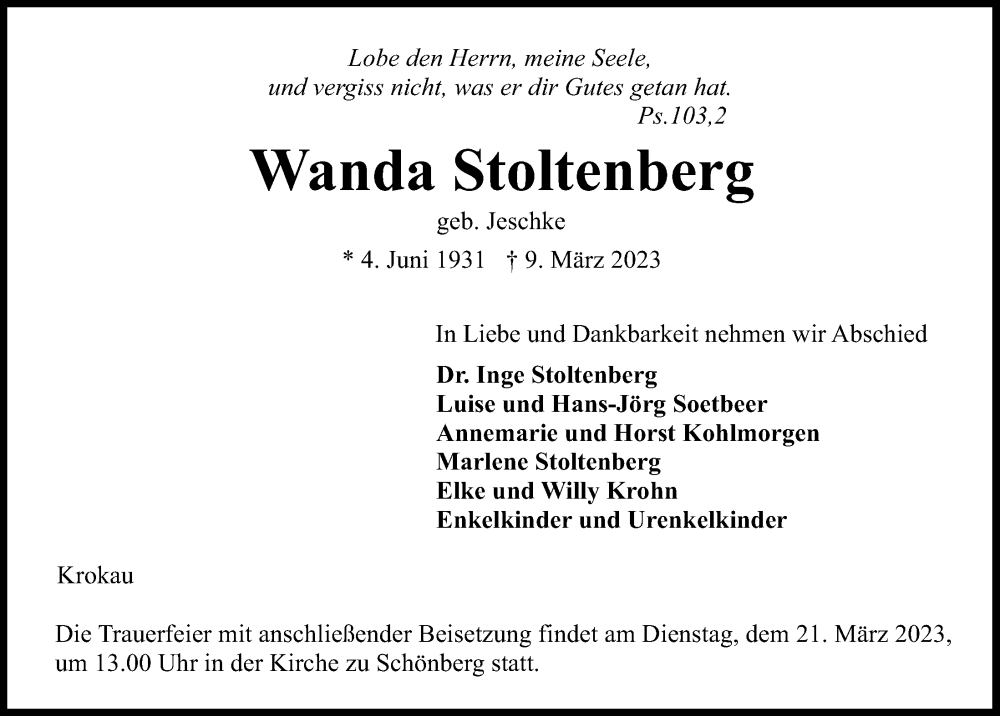  Traueranzeige für Wanda Stoltenberg vom 15.03.2023 aus Kieler Nachrichten