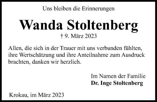 Traueranzeige von Wanda Stoltenberg von Kieler Nachrichten