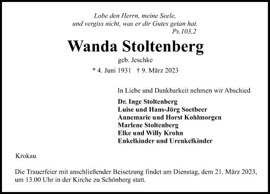 Traueranzeige von Wanda Stoltenberg von Kieler Nachrichten