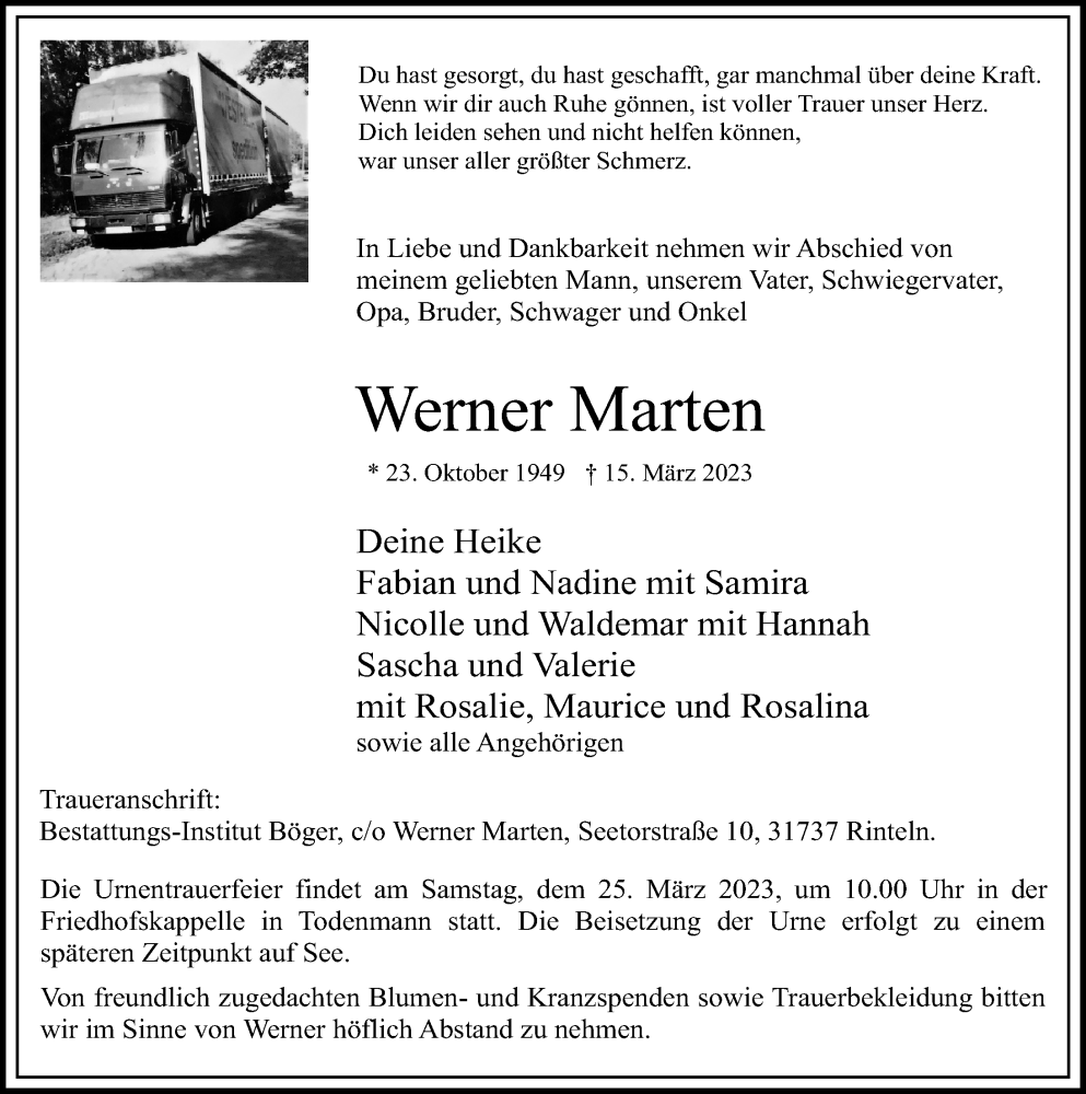  Traueranzeige für Werner Marten vom 18.03.2023 aus Schaumburger Nachrichten