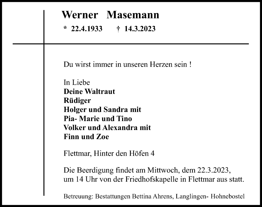  Traueranzeige für Werner Masemann vom 18.03.2023 aus Aller Zeitung