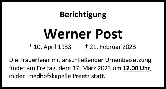 Traueranzeige von Werner Post von Kieler Nachrichten