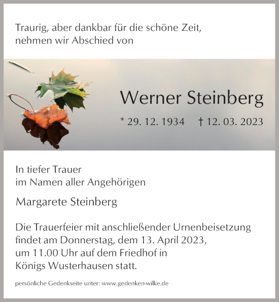 Traueranzeige von Werner Steinberg von Märkischen Allgemeine Zeitung
