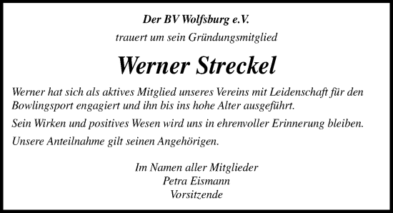 Traueranzeige von Werner Streckel von Aller Zeitung