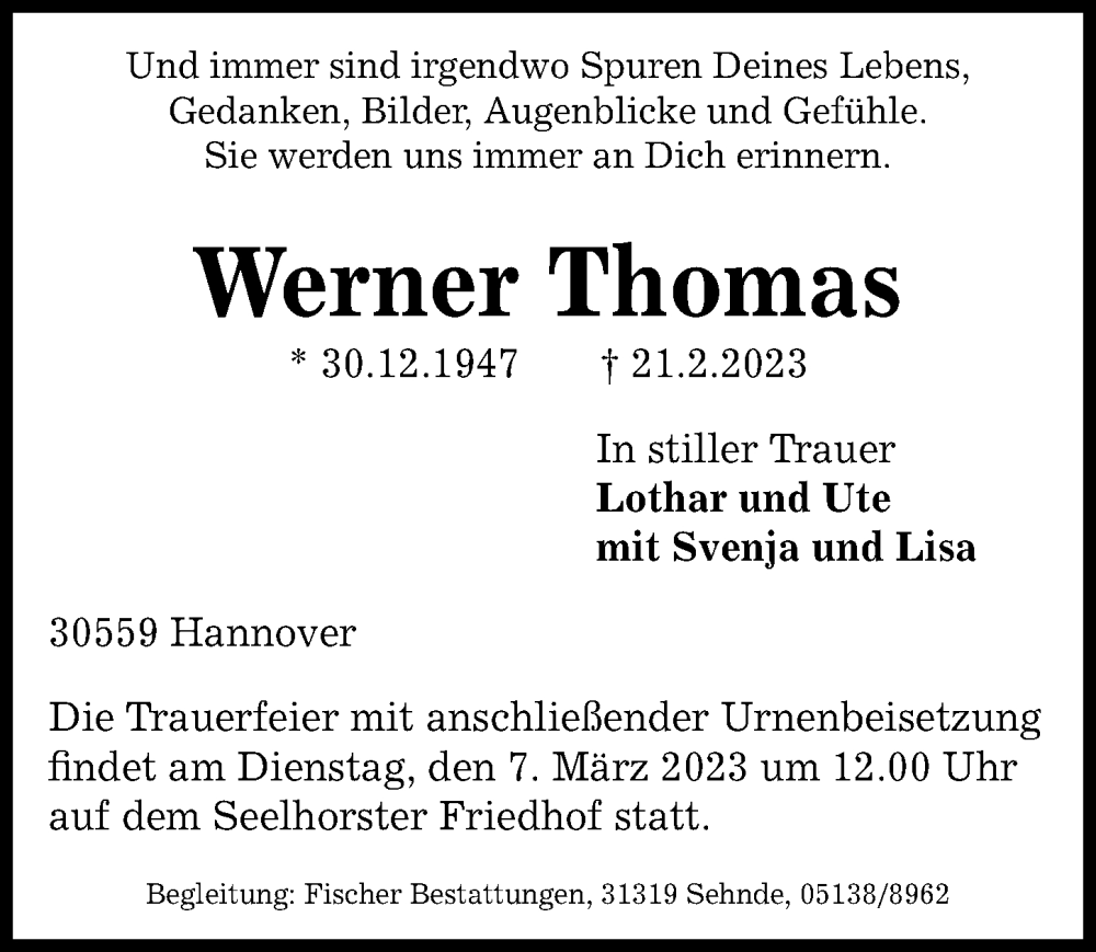  Traueranzeige für Werner Thomas vom 04.03.2023 aus Hannoversche Allgemeine Zeitung/Neue Presse