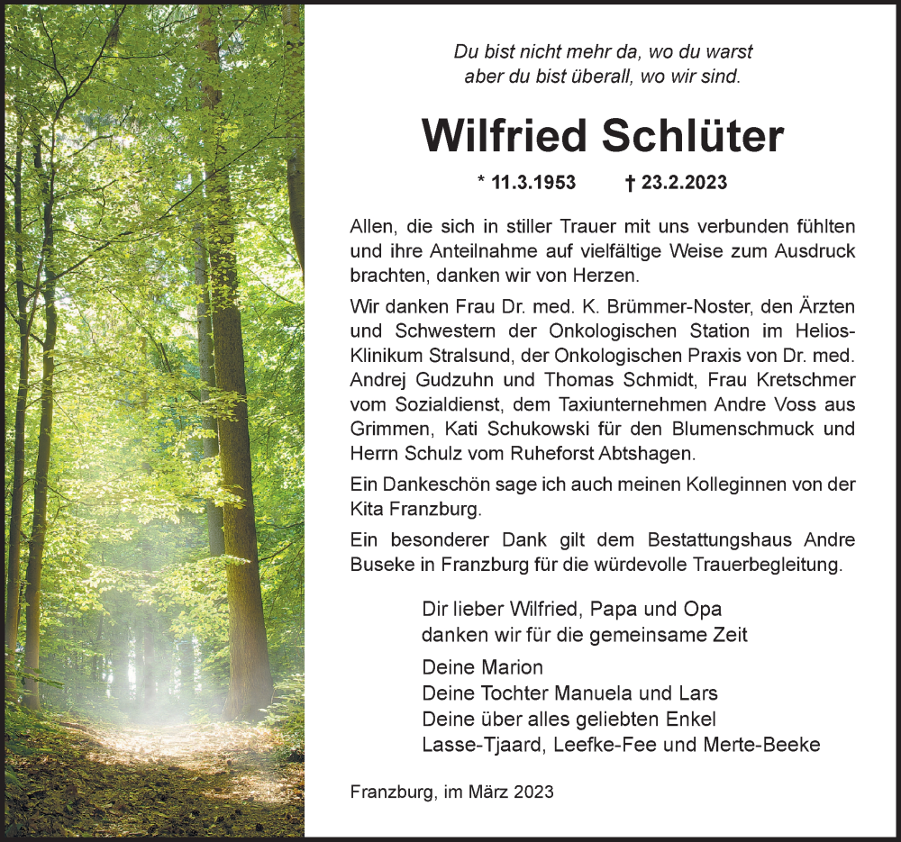  Traueranzeige für Wilfried Schlüter vom 25.03.2023 aus Ostsee-Zeitung GmbH