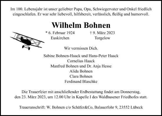 Traueranzeige von Wilhelm Bohnen von Lübecker Nachrichten