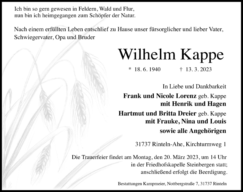  Traueranzeige für Wilhelm Kappe vom 18.03.2023 aus Schaumburger Nachrichten