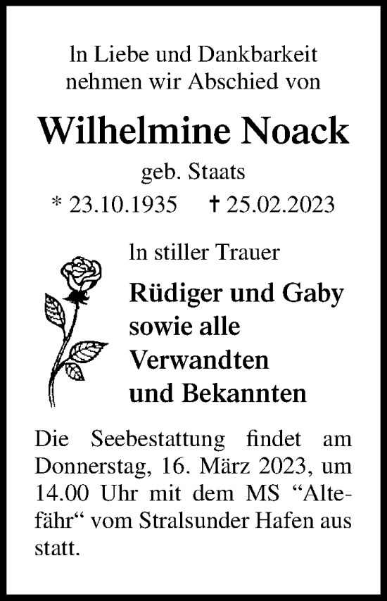 Traueranzeige von Wilhelmine Noack von Ostsee-Zeitung GmbH