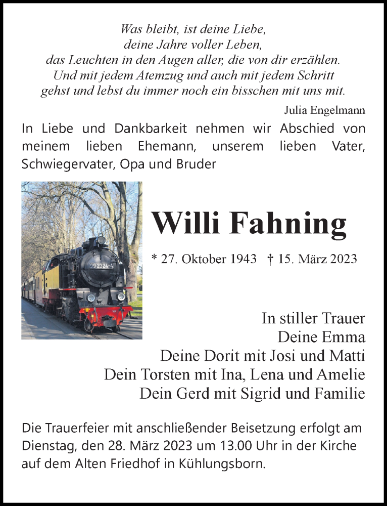  Traueranzeige für Willi Fahning vom 18.03.2023 aus Ostsee-Zeitung GmbH